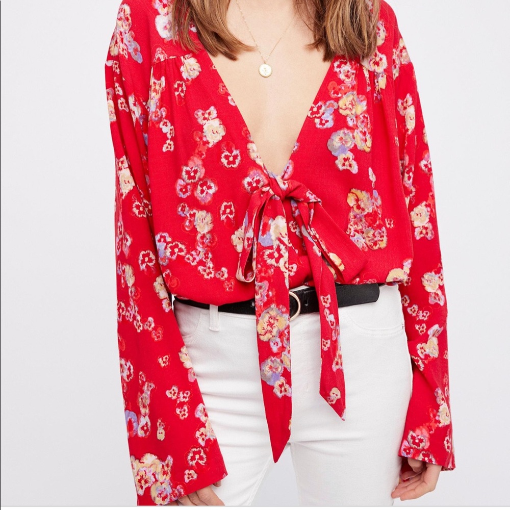 Free People Red Floral Bodysuit, Size M